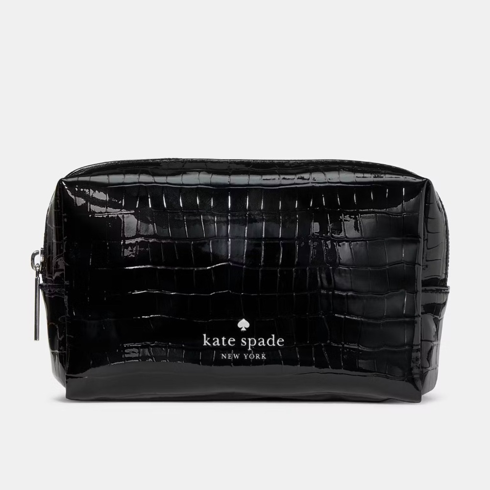 Small Kate Spade Glossy Black Croc-Embossed Toiletry Bag